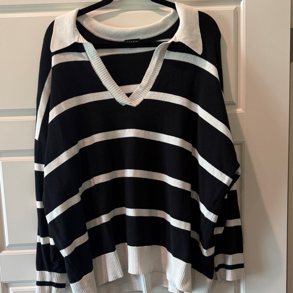 torrid Black & White Striped V-Neck Polo Sweater